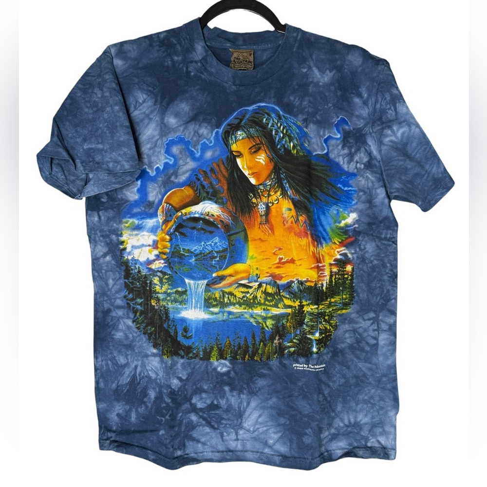 VTG 90s The Mountain Tie Dye Shirt Medium Rare Native American Earth Goddess Art